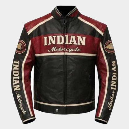 Indian men's red and black cowhide leather motorcycle jacket front view