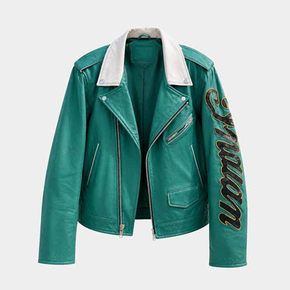Turquoise leather biker jacket with adjustable side lace design