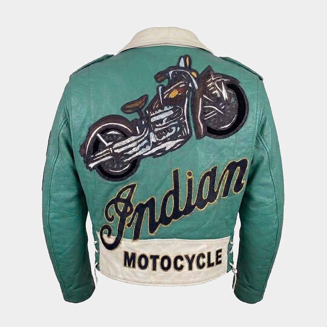 Indian men's turquoise vintage cowhide leather motorcycle jacket front view