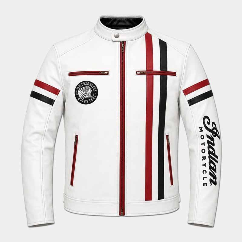 Indian men's white cowhide leather motorcycle jacket with embroidered front and back logos