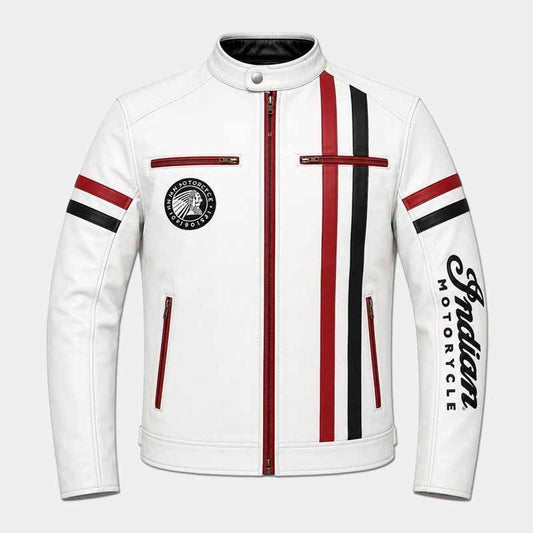 Indian men's white cowhide leather motorcycle jacket with embroidered front and back logos - 3amoto shop