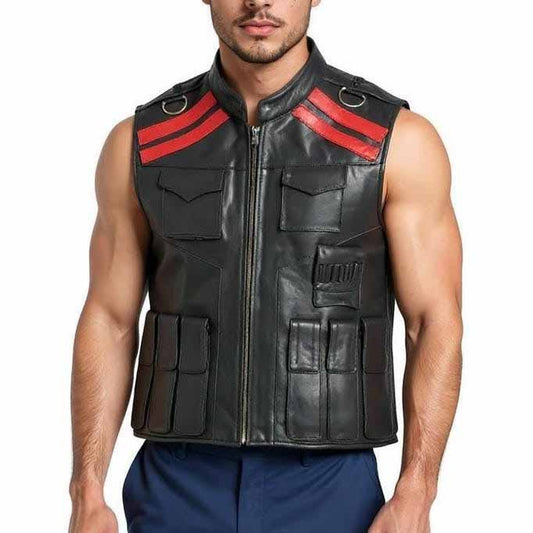 Men Red and Black Leather Vest with Mortal Kombat Johnny Cage Inspired Style - 3amoto shop