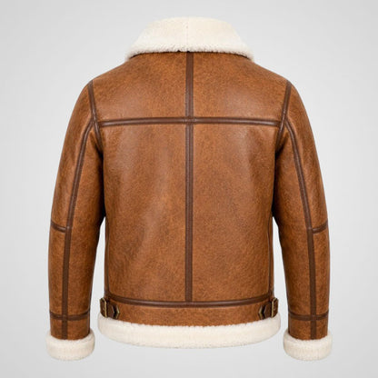 Kids brown sheepskin bomber jacket with fur collar