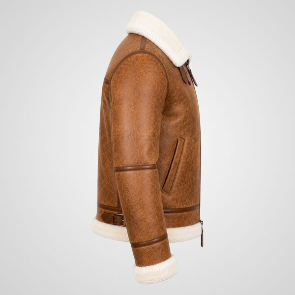 Brown kids shearling flight jacket with YKK zipper