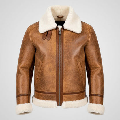 Kids B3 brown shearling aviator jacket in sheepskin leather