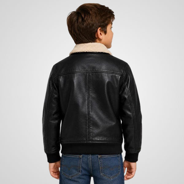 Kids black sheep leather jacket with shearling-style collar