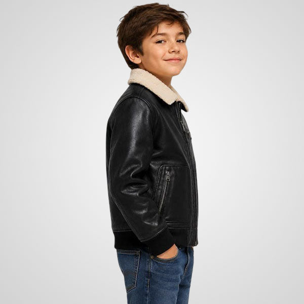 Black leather bomber jacket for kids with front pockets