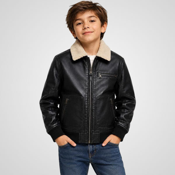 Kids black genuine sheep leather bomber biker jacket