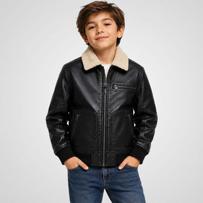 Kids black genuine sheep leather bomber biker jacket