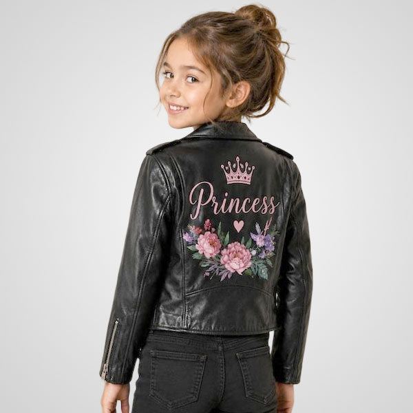 Girls faux leather jacket with floral wreath design