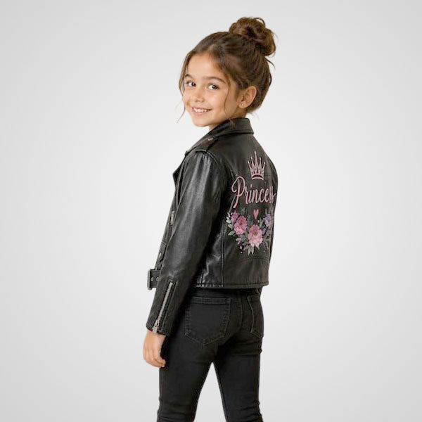 Kids black moto jacket with floral graphic detail