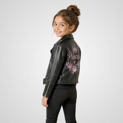 Kids black moto jacket with floral graphic detail