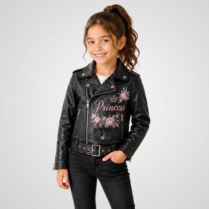 Personalized kids black floral leather biker jacket