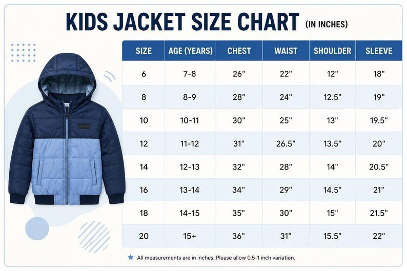 Kids jacket size chart in inches showing a size table with age, chest, waist, shoulder, and sleeve measurements, alongside a navy and light blue hooded jacket illustration on the left.