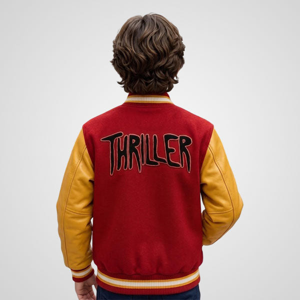 Red yellow kids wool blend varsity bomber jacket