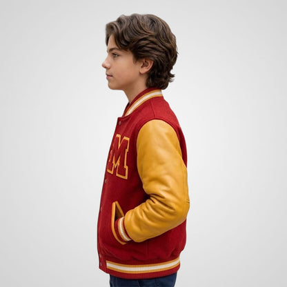 80s inspired red and yellow varsity jacket for kids