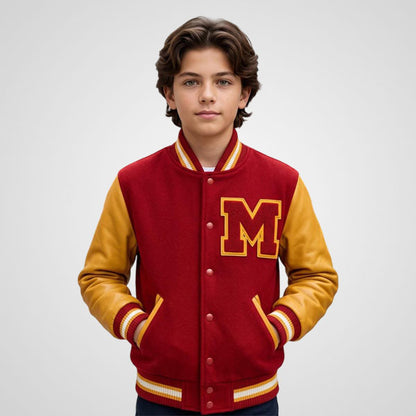 Kids red and yellow varsity jacket with 80s pop-inspired styling