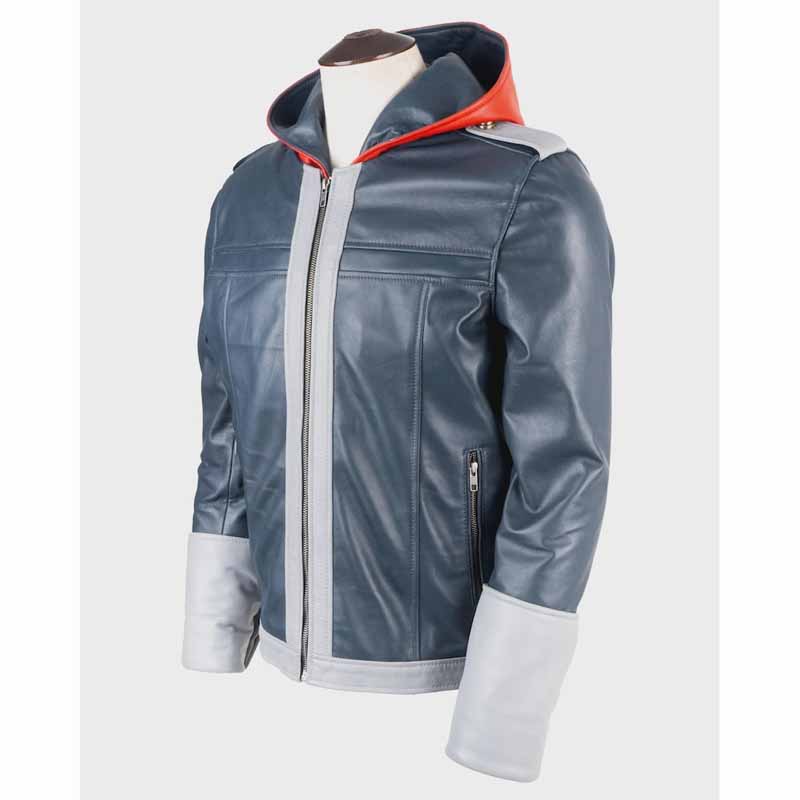 Unisex Blue Real Sheepskin Leather Jacket with Sora Hooded Cosplay Style