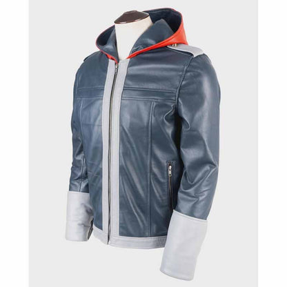 Unisex Blue Real Sheepskin Leather Jacket with Sora Hooded Cosplay Style