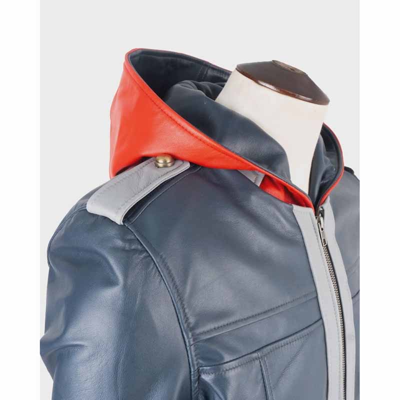 Unisex Blue Real Sheepskin Leather Jacket with Sora Hooded Cosplay Style