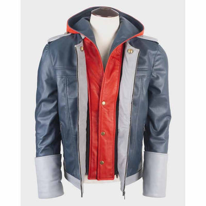 Unisex Blue Real Sheepskin Leather Jacket with Sora Hooded Cosplay Style