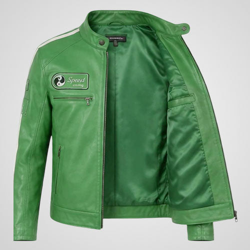 Leather racing jacket with high stand collar and front zipper