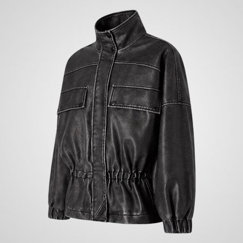 leather field jacket with large chest flap pockets