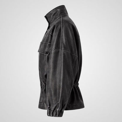 Leather utility jacket with protective front zipper flap