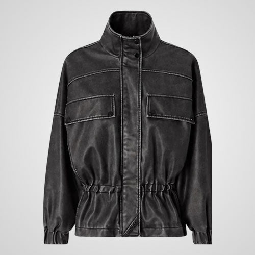 Leather utility field jacket with stand collar and zip front
