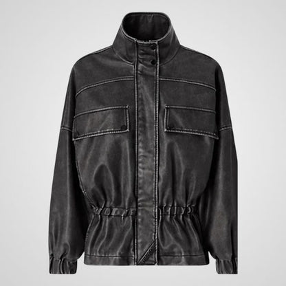 Leather utility field jacket with stand collar and zip front