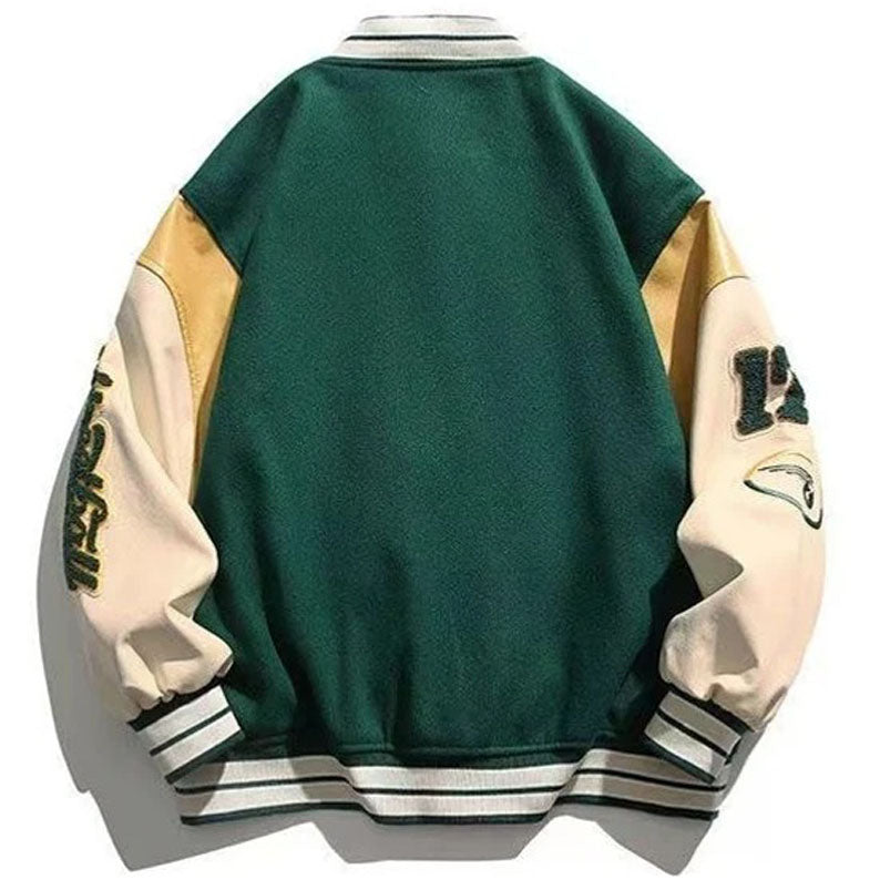 Letter Patch Leather Baseball Jacket - Varsity Style