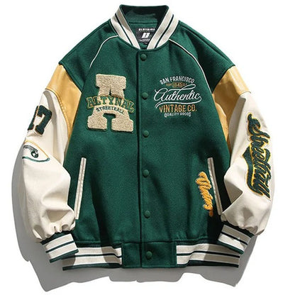 Letter Patch Leather Baseball Jacket - Varsity Style