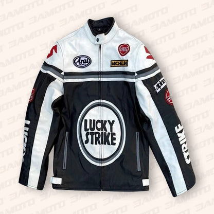 Lucky Strike Unisex White & Black Leather Jacket - 3amoto