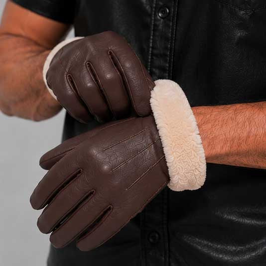 Dark brown leather winter glove with soft faux fur lining