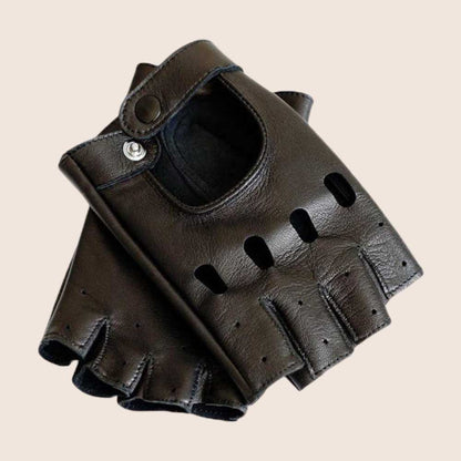 Handmade Black Leather Fingerless Driving Gloves for Men and Women