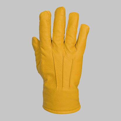 Stylish yellow winter leather glove with smooth genuine leather finish