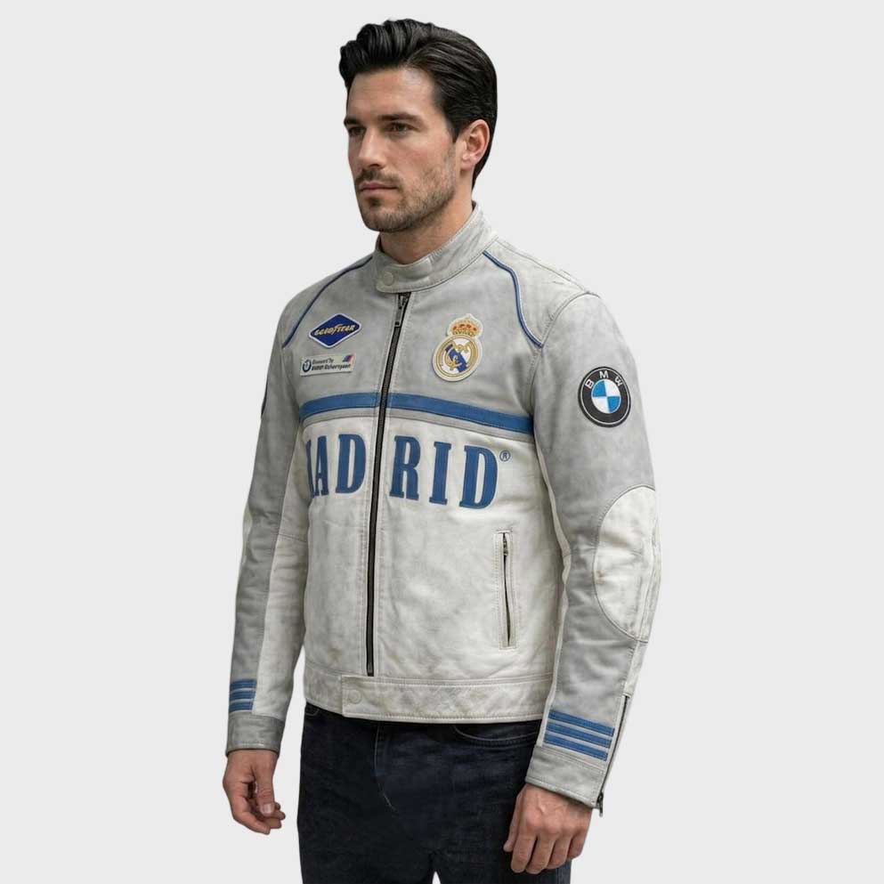 Close up of Madrid logo patch on vintage leather biker jacket