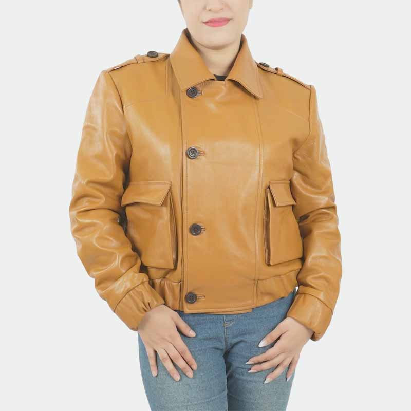 Tan anime inspired Major Motoko Kusanagi leather jacket front view for cosplay and casual wear