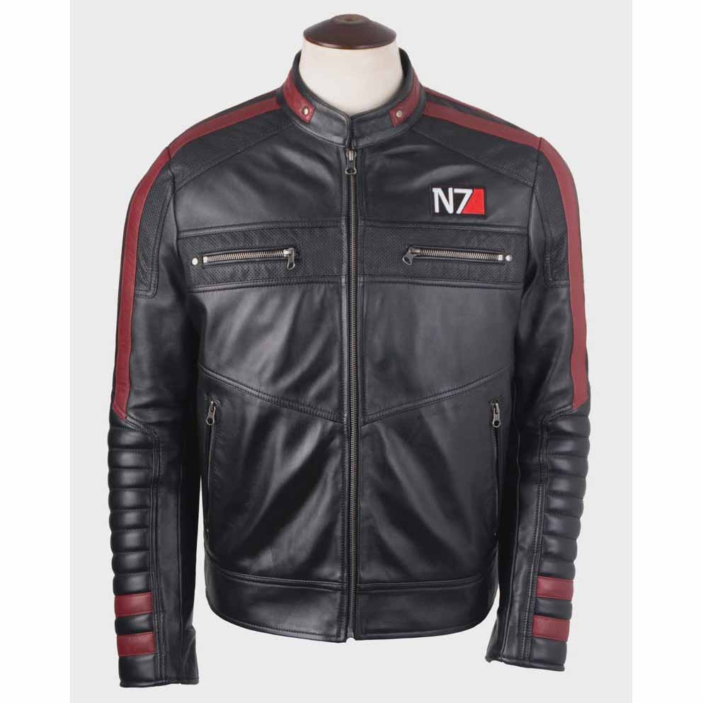 Men Black Sheepskin Leather Jacket with Mass Effect N7 Commander Style