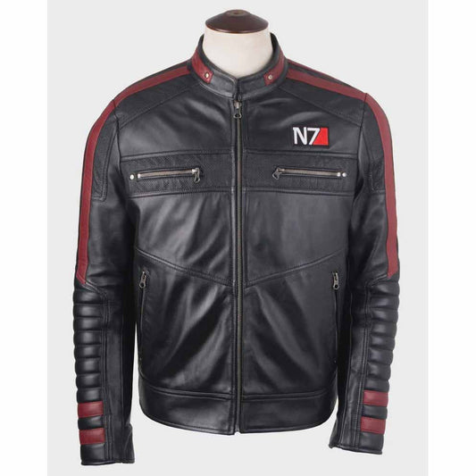 Men Black Sheepskin Leather Jacket with Mass Effect N7 Commander Style - 3amoto shop