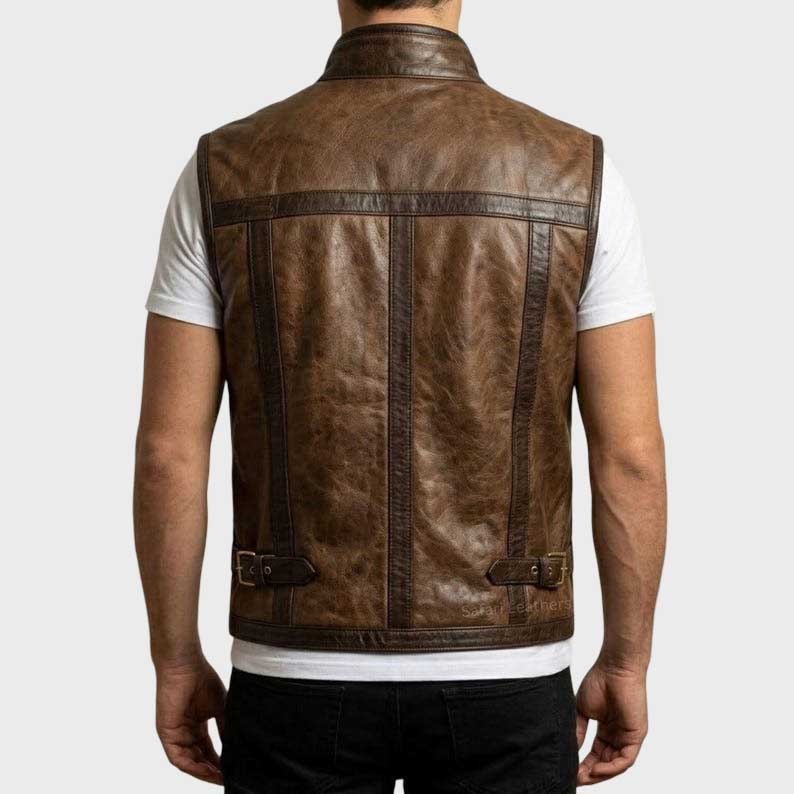 Back view of two tone brown biker leather waistcoat for men