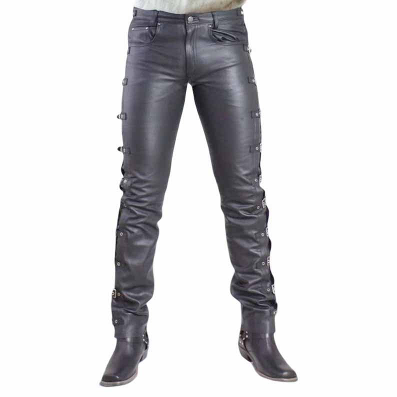 Men Black Genuine Leather Biker Pants with Buckle Strap Gothic Style