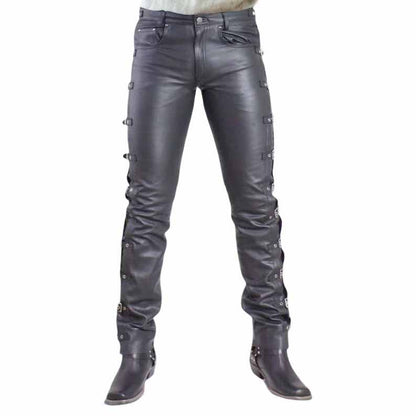 Men Black Genuine Leather Biker Pants with Buckle Strap Gothic Style