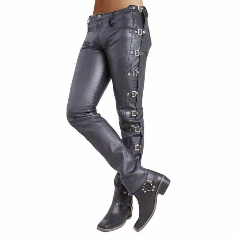 Men Black Genuine Leather Biker Pants with Buckle Strap Gothic Style