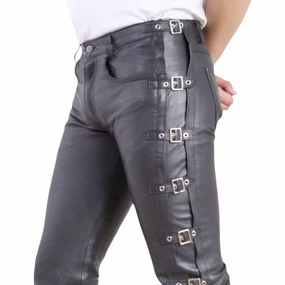 Men Black Genuine Leather Biker Pants with Buckle Strap Gothic Style