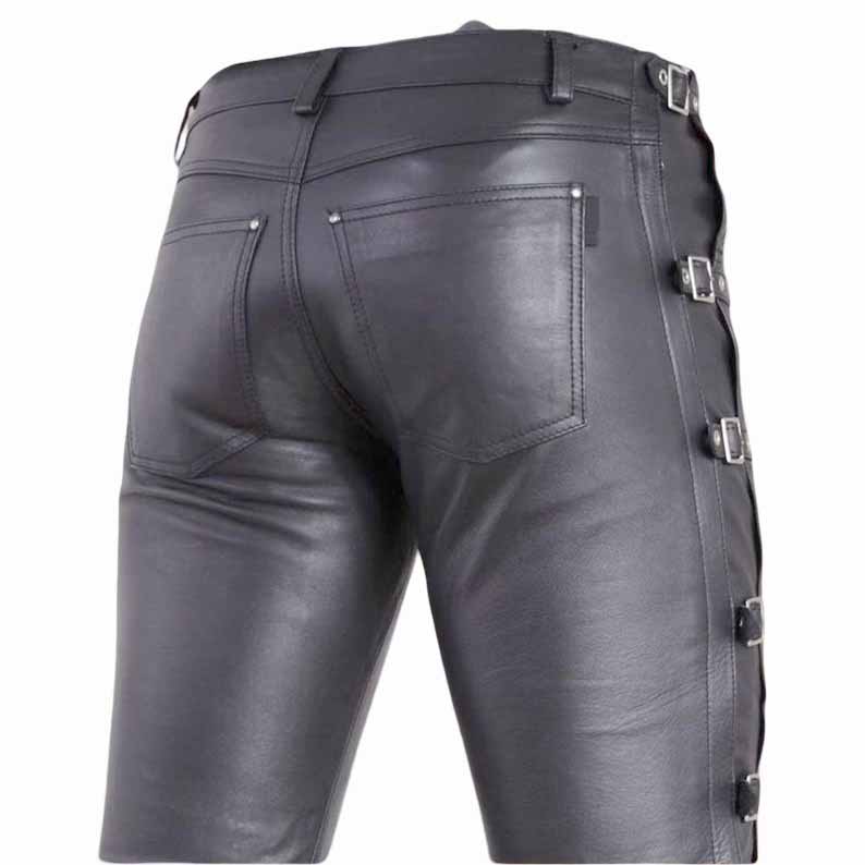 Men Black Genuine Leather Biker Pants with Buckle Strap Gothic Style
