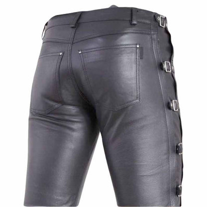 Men Black Genuine Leather Biker Pants with Buckle Strap Gothic Style