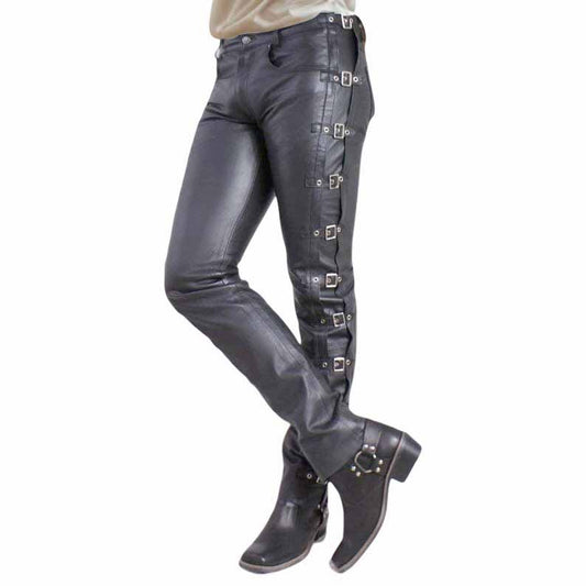 Men Black Genuine Leather Biker Pants with Buckle Strap Gothic Style - 3amoto shop