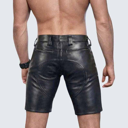 Men's Black Genuine Leather Biker Shorts with Slim Fit Streetwear Style