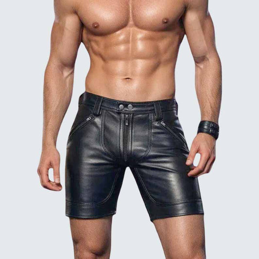 Men's Black Genuine Leather Biker Shorts with Slim Fit Streetwear Style - 3amoto shop